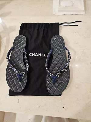  CHANEL Navy Blue Suede Leather W Silver Chain Thong Flip Flop Sandals Size 37 • $219