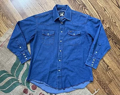 Vintage Wrangler Denim Shirt Mens 16.5 - 34 Blue Western Pearl Snap Outdoor Reg • $28