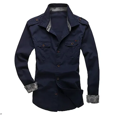 Men's Casual Long Sleeve Cargo T-shirts Military Dress Shirt Double Pockets Top • £28.07