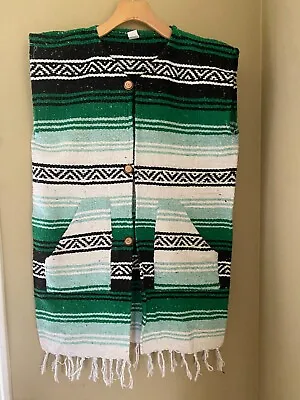 Green Striped Mexican Blanket Poncho VEST Western Cowboy Costume Extra LONG Sz S • $21.99