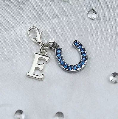 £4.50 • Buy Something Blue Crystal Horse Shoe & Letter Bride Gift Garter Clip On Charm