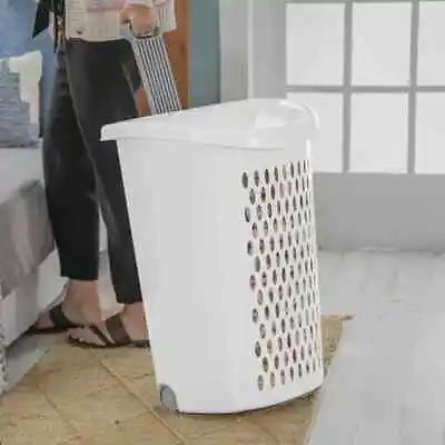 Wheeled Plastic Laundry Hamper Rolling Large Load Storage Basket With Lid White • $17.99