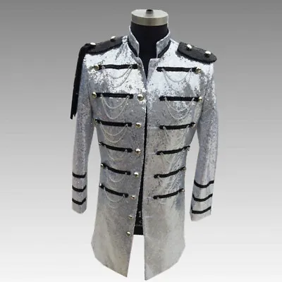 Men Sequin Tassel Epaulet Hussar Jacket Military Drummer Punk Parade Coat Slim • £77.51