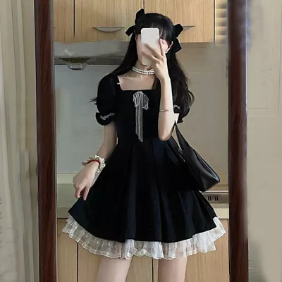Sweet Preppy Mori Girls Lolita Cosplay Puff Sleeve Japanese Party Dress Skirts • $35.99