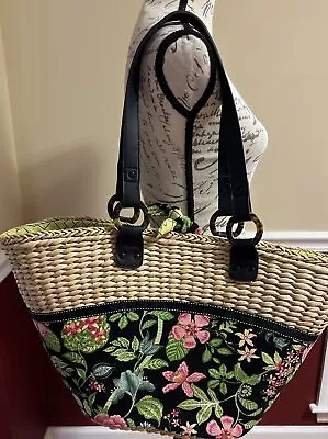 Vera Bradley Womans Wicker Fabric Bag Tote Travel Beach Floral Capri Melon • $29.95