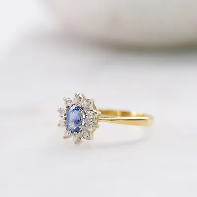 Ceylon Sapphire & Diamond 18ct Gold 750 - Flower Cluster Vintage Ring • £575