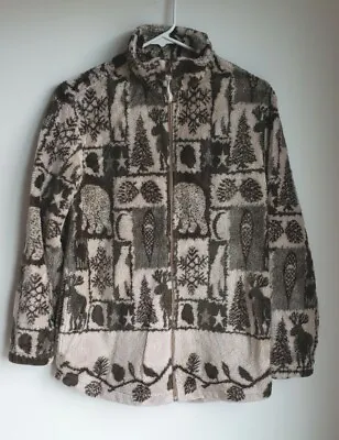 VINTAGE WOOLRICH Women's Small Full Zip Fleece Jacket Moose Bear Print USA Made • $16.50