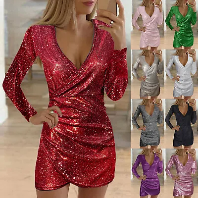 Women Sexy Dress Sequin V-Neck Long Sleeve Slim Elegant Short Sheath Party Dress • £15.92