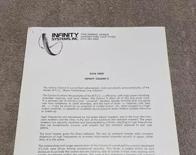 INFINITY COLUMN II SPEAKERS ORIGINAL DATA SHEET LEAFLET M069y • $13.95