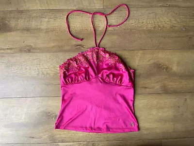 Y2K CROP TOP Vest Camisole Cropped Pink Satin Halter Neck 90's Vibe UK 6-8 • £8.50