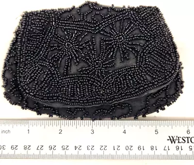 Vintage Beaded Coin Purse W/ Foldover Flap Lined Black On Black 5.5  X 3.5  • $12.99