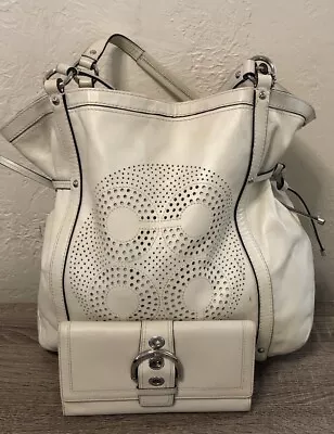 Coach Audrey Perforated Signature Cream Leather Cinched Large Tote With Wallet • $86