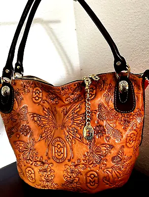 Marino Orlandi Cognac Brown Large Leather Butterfly Embossed Shoulder Tote Bag • $499
