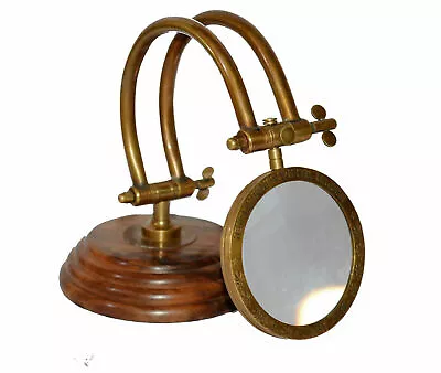 Vintage Brass Magnifying Glass On Wooden Base Adjustable Desk Magnifier Glass • $82.50