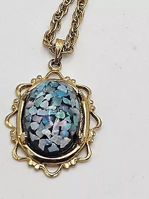 Vintage Lucite Cabochon Opal Chips Inclusion Pendant Gold Tone Necklace • $39