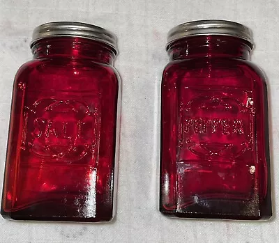 Vintage 4 1/2  Embossed  - Ruby Red Glass Salt & Pepper Shakers W/ Metal Tops • $6
