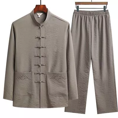 Traditional Clothing Set Man Linen Buckle Kung Fu Shirt Retro Chinese Top Pants • $33.06