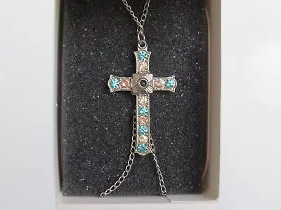 Vintage Stanhope Blue Clear Rhinestone Cross W/chain Clear Image Lord's Prayer • $30