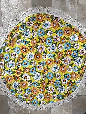 Vintage 1970s Mod Daisy Flower Power Round Cotton Tablecloth ~60  Round • $60