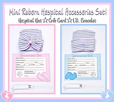 3PC MINI REBORN BABY BOY HOSPITAL SET!  (hat Id Bracelet & Crib Card) • $22.25