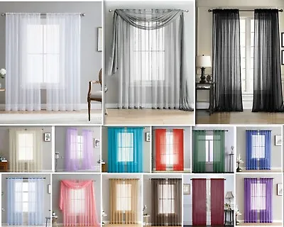 Jenna Collection Sheer Voile Solid Window Curtain Panel  - Set Of 2 - ALL COLORS • $7.78