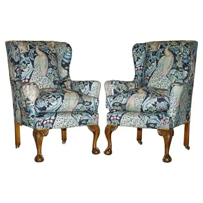 Pair Of Restored Antique William Morris Forest Claw & Ball Wingback Armchairs • $14797.80