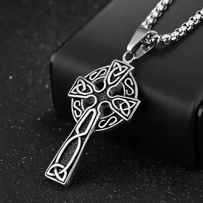 Mens Stainless Steel Irish Celtic Knot Cross Pendant Necklace Silver Men • $9.95