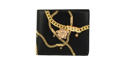 Versace Black Smooth Leather Gold Medusa Head Chain Logo Bifold Organizer Wallet • $449.34