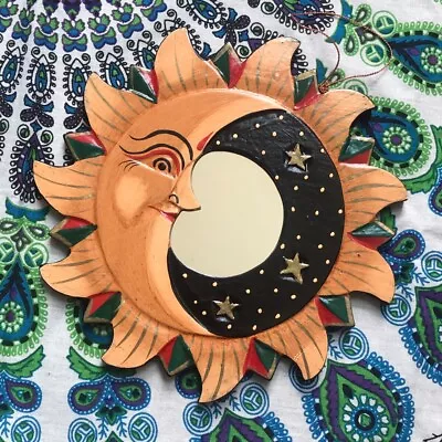 Sun Moon Wooden Hand Painted Mirror - Fair Trade Handmade & Ethical • £9.50