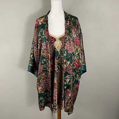 Vintage California Dynasty Robe And Nightgown SET Size XL Green Paisley Satin • $29.90