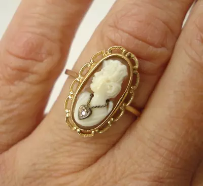 Vintage Antique Carved Shell Cameo 10K Habille Diamond 10KT Gold Ring Size 6.75 • $129.95