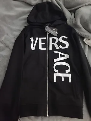 $925 Mens VERSACE Logo Zip Up Hoodie Black/White Medium  NWT • $399