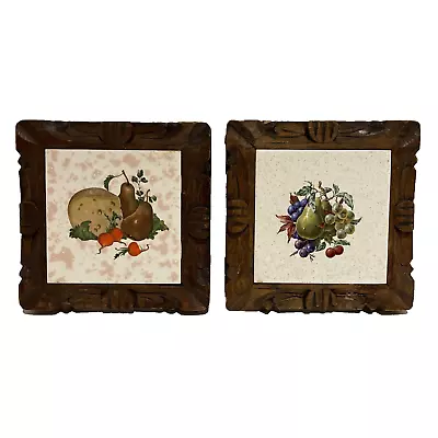 Vintage Dal-Tile Mexico Trivets Set Of 2 Hand Carved Wood Frames Kitchen Fruit • $19.88