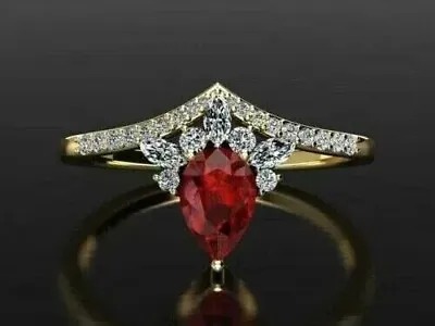 Vintage 2Ct Pear Cut Red Garnet Lab Created Ring 14K Yellow Gold Plated Silver • $138.74