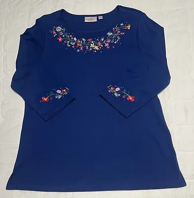 NWOT Quaker Factory Shirt Womens Size Large Blue Embroidered 3/4 Sleeve Pullover • $24.99