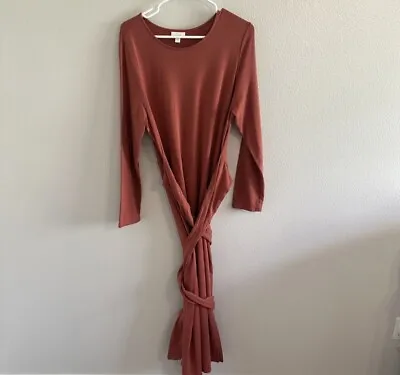 J. Jill Pure Jill Women's Maxi Knit Dress Size L Brick Red Wrap Tie Long Sleeve • $30
