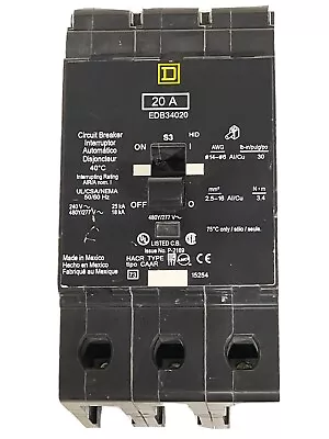 New (No Box) Square D 20 A 3 Pole Circuit Breaker EDB34020 480Y VAC • $209