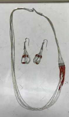 Old Pawn Sterling Silver Coral Liquid Silver Necklace Earrings Set L@@K Vtg • $280