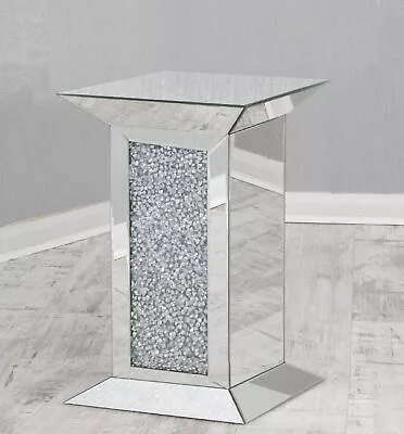 Pillar Mirrored Crushed Diamond Crystal Side End Table Stand Mirror Glitz Design • £149.99