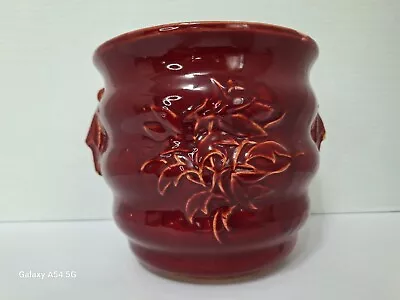 Vintage McCoy Jardiniere Burgundy Planter Floral Leaves Handled Ribbed  Read  • $30