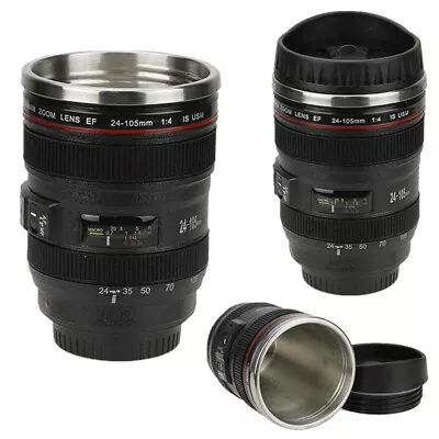 Camera Lens Mug Coffee Tea Stainless Steel Travel Cup Thermos Flask Sipping Lid • £9.05