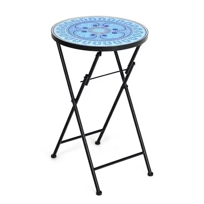 Folding Bistro End Table 14  Round Mosaic Side Table Accent Table Light Blue • $50.96