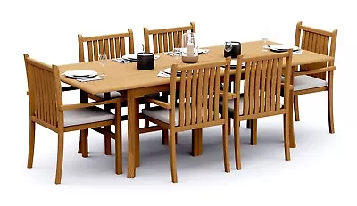 7-Pc Outdoor Teak Dining Set: 94” Rectangle Extn Table 6 Stacking Chairs Cahy • $2728.18