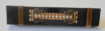 Victorian 10K Yellow Gold Mourning Jewelry Black Onyx Seed Pearl Brooch 58mm • $175