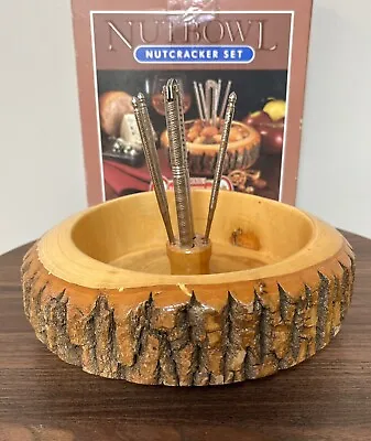 $24 • Buy Vintage Nut Cracker Set Wood Log Bowl & Tools Made In USA MCM Nutcracker READ