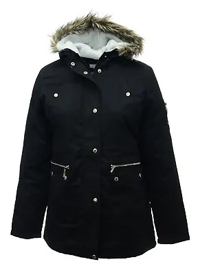 Ladies Plus Size New Long Jacket Parka Fleece Lined Hood Black Parker Coat *LICK • £39.95