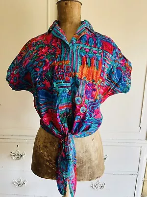 80s 90s CASUAL CLUB Tie Front Top Gipsy Floral Abstract Cropped Festival VTG • £4.50