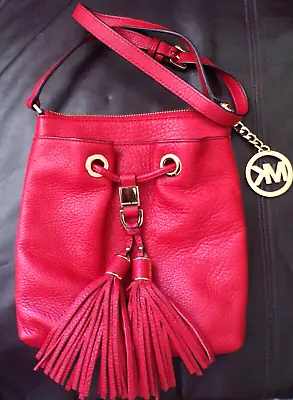 Michael Kors Handbag Shoulderbag Red Pebbled Leather Tassels MK Charm 9X10 Med • $9.99