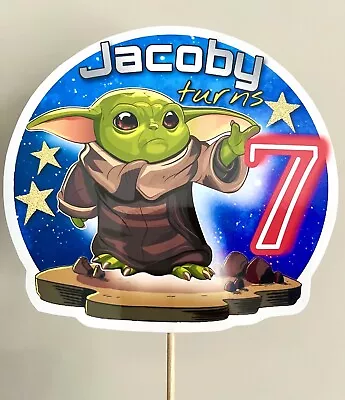 Unofficial Baby Yoda Theme Personalised Birthday Cake Topper Star Wars Gloss • £5.49