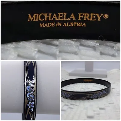 Designer Vintage Enamel Bangle By Michaela Frey Silver & Blue Design On Navy • £16.99